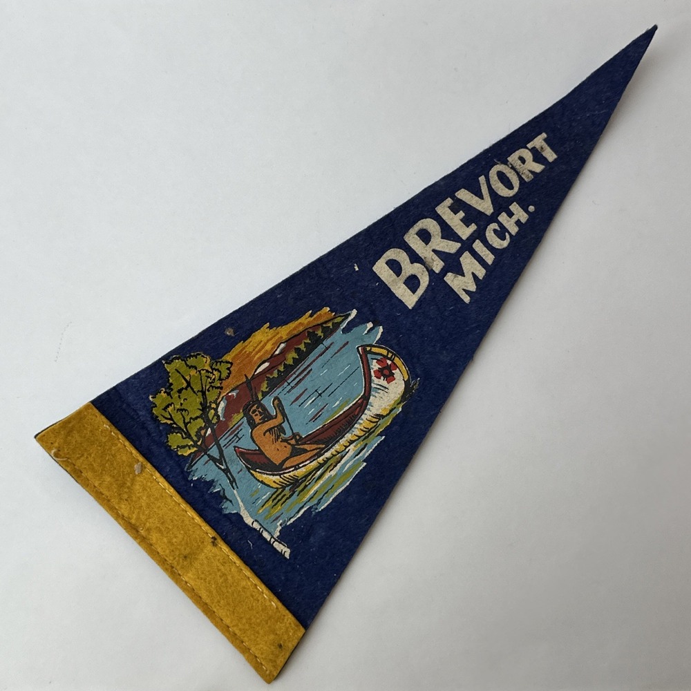 Brevort Michigan Souvenir Pennant Vintage Felt Flag Native American Canoe UP MI
